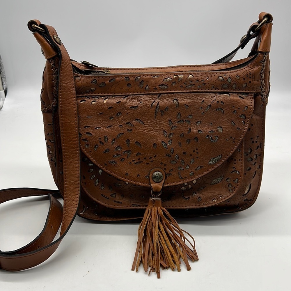 Patricia Nash Brown Laser Cut Leather  Crossbody Bag